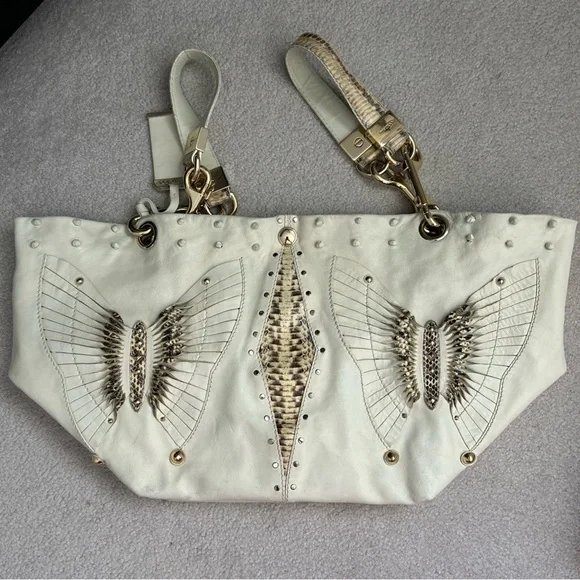 ❗️SOLD❗️ Jimmy Choo Lohla Jane Hobo Bag Ivory Studded Leather Python Snakeskin - Picture 6 of 9